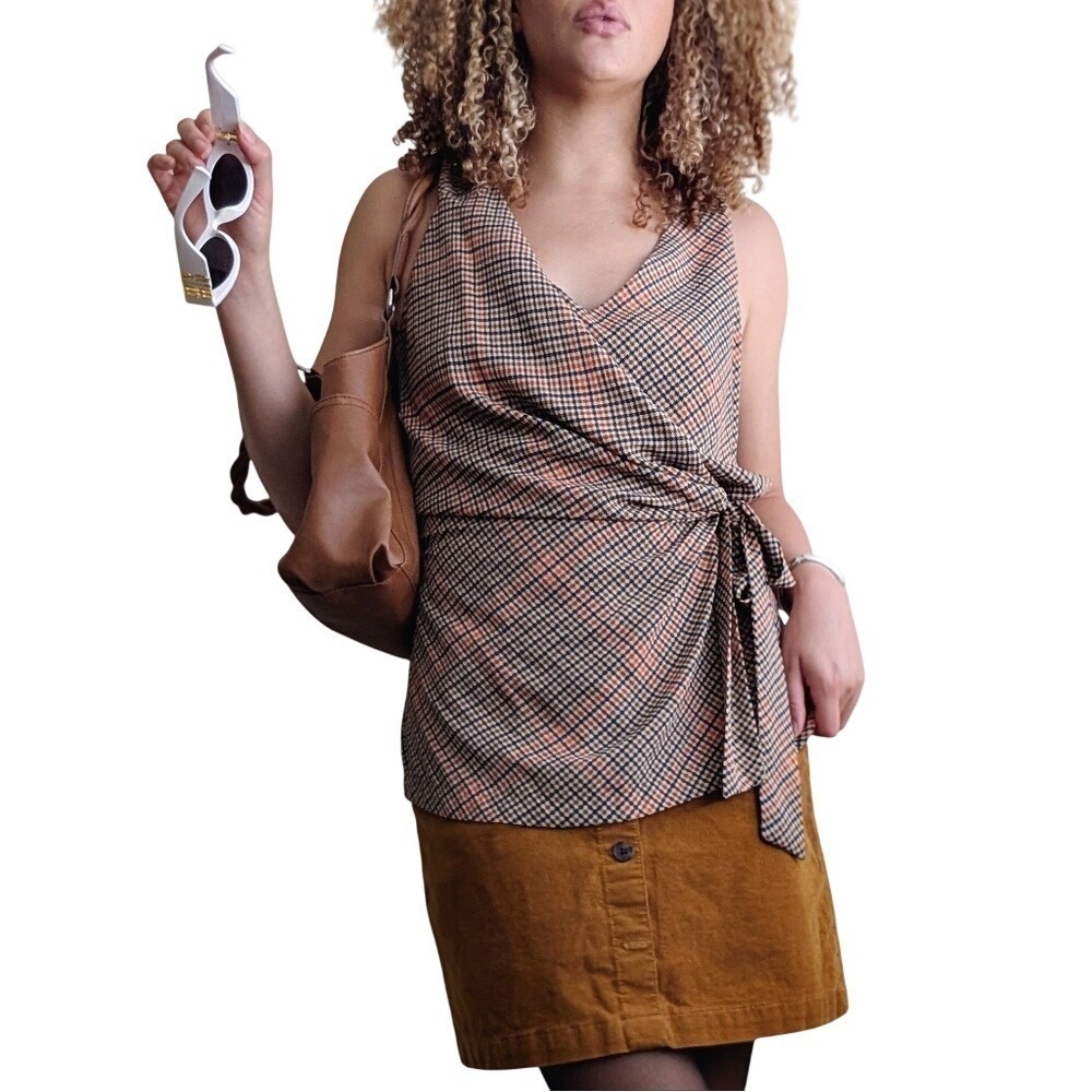 Vintage Y2K 00s Preppy Chic Twee Plaid Tie Waist Sleeveless Blouse
